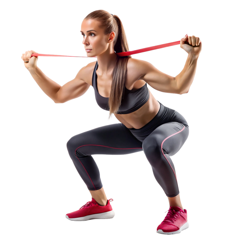 Woman performing squats with resistance bands in gym fitness training environment motivational workout session png