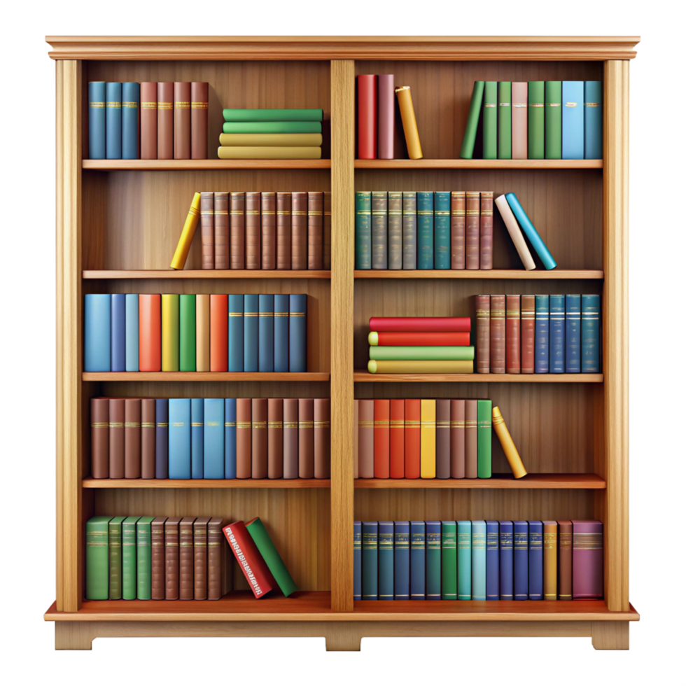 Library bookshelf icon with stacked books home office digital asset cozy environment front view knowledge concept png