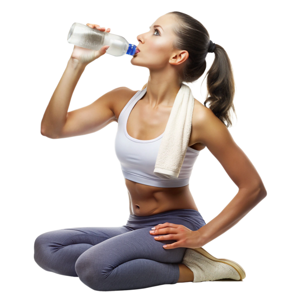 Active woman hydrating after workout indoor gym lifestyle image bright environment captured from eye level fitness concept png