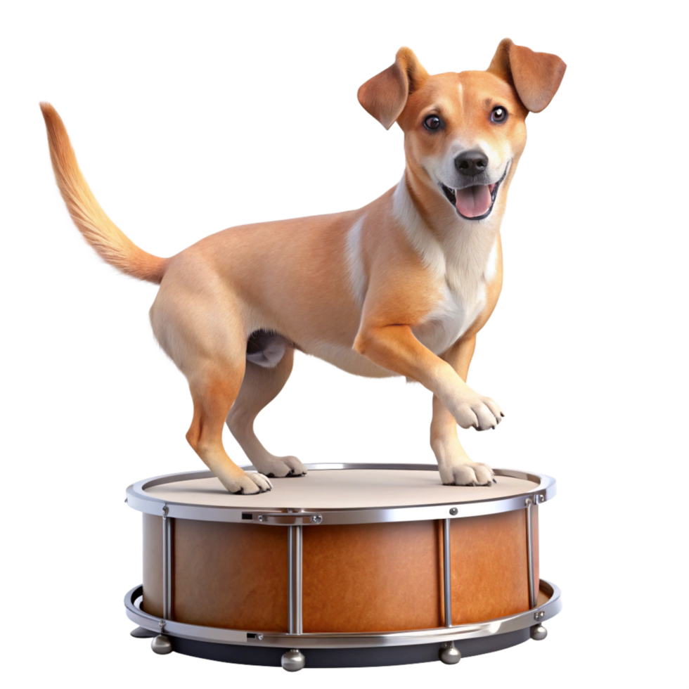 Playful dog standing on a drum joyful performance home setting fun atmosphere whimsical viewpoint png