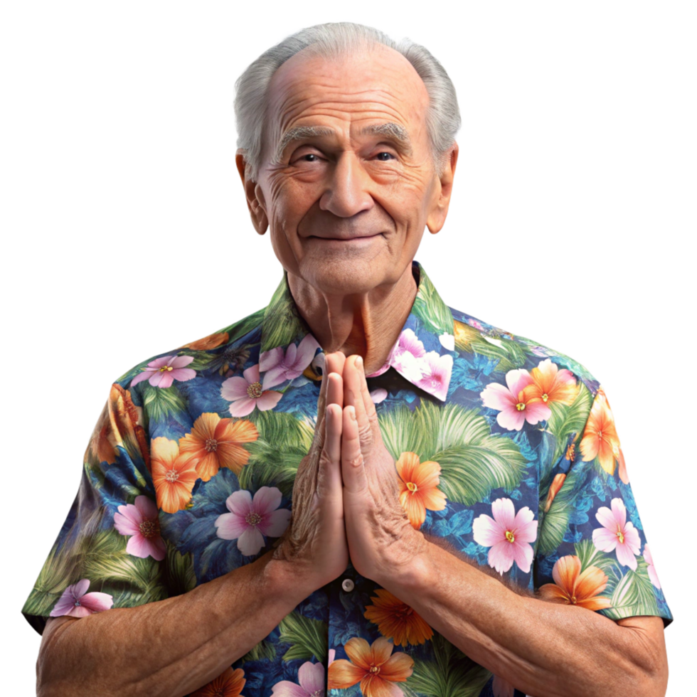 Grandpa in floral shirt giving blessings home garden portrait bright day heartwarming concept png