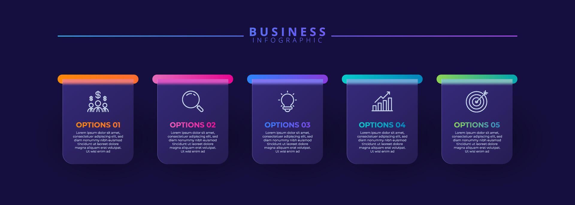 Infographic label design template featuring icons and five distinct steps. Ideal for process charts, presentation slides, workflow schemes, banners, flow diagrams, and data visualizations vector