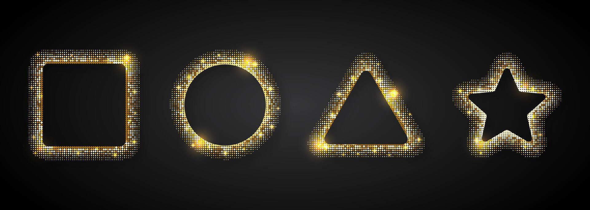 Glittering gold frames with sparkling effects. Shiny decorative borders for festive designs, party invitations, or holiday greetings. Elegant and luxurious style. vector