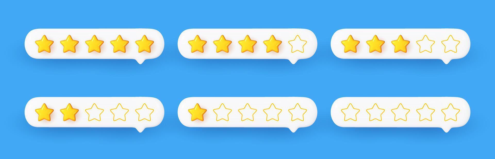 Set of 3D yellow star rating inside a white speech bubble. vector