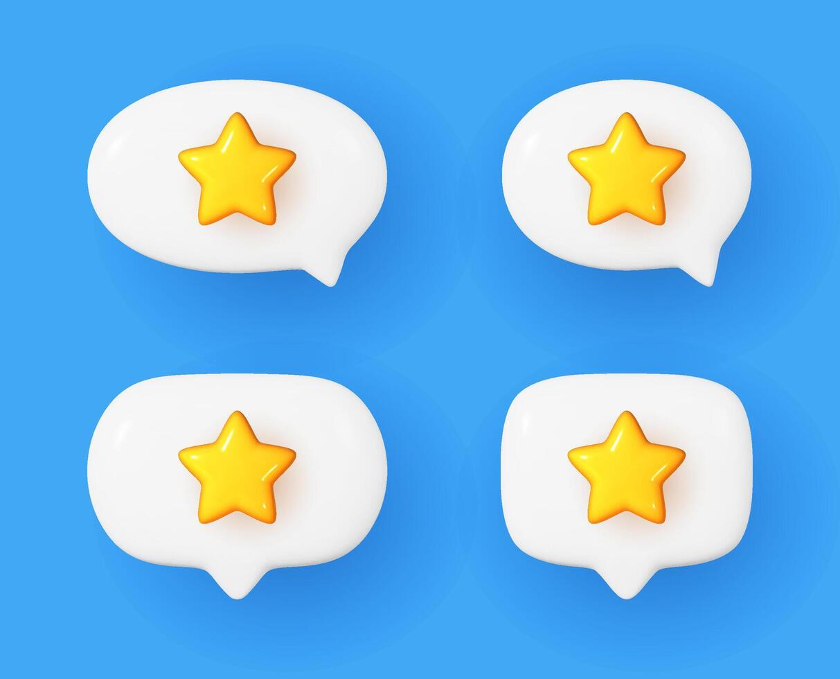 Set of 3D yellow star rating inside a white speech bubble. Realistic customer review symbol representing top service and positive feedback. vector