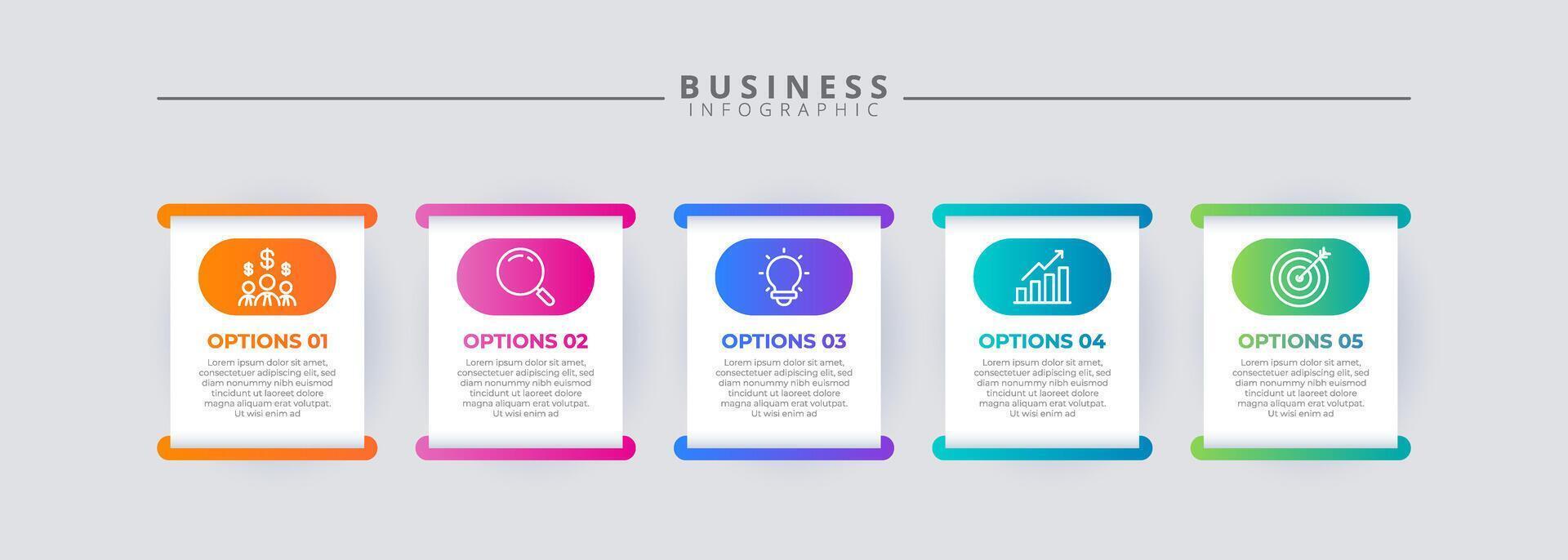 Infographic template featuring 5 steps with icons, designed for business concepts. Ideal for presentations, banners, workflow layouts, process diagrams, flowcharts, and data visualization. vector