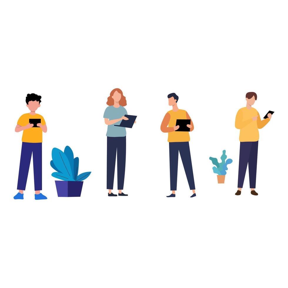 Four people using digital devices in a casual setting vector