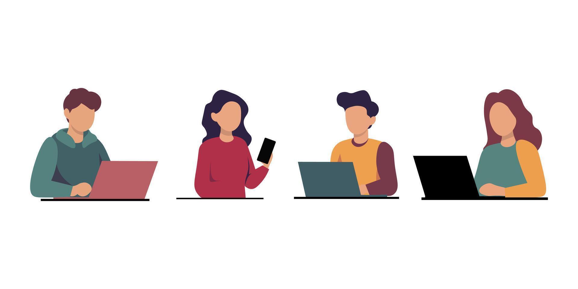 Diverse Group of People Working on Laptops and Smartphones vector