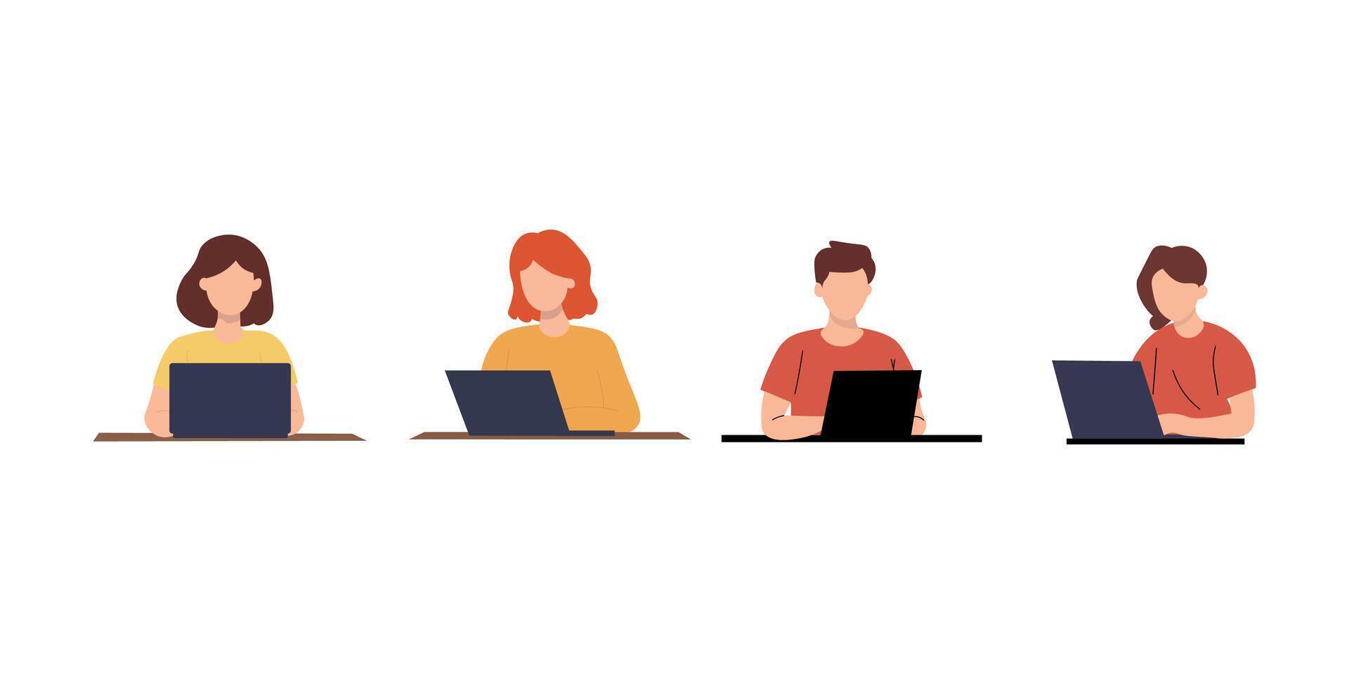 Diverse people working on laptops at a desk. vector