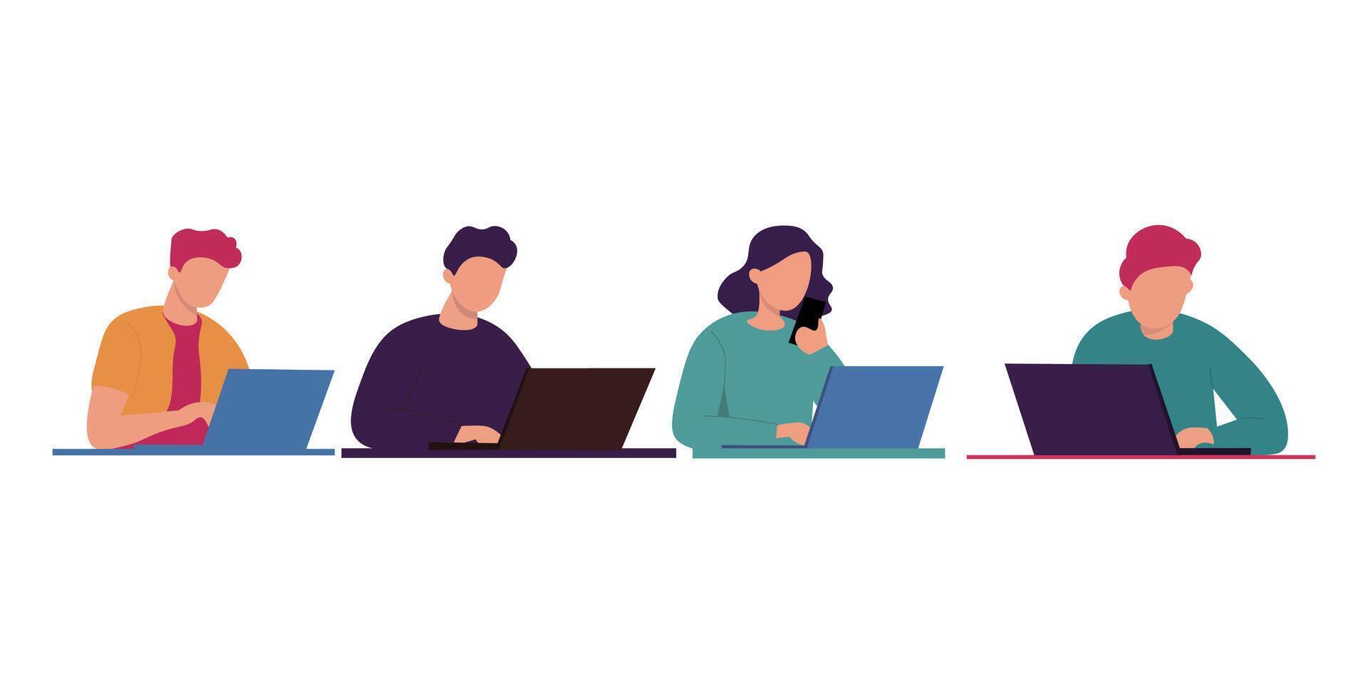 Diverse group of people working on laptops vector