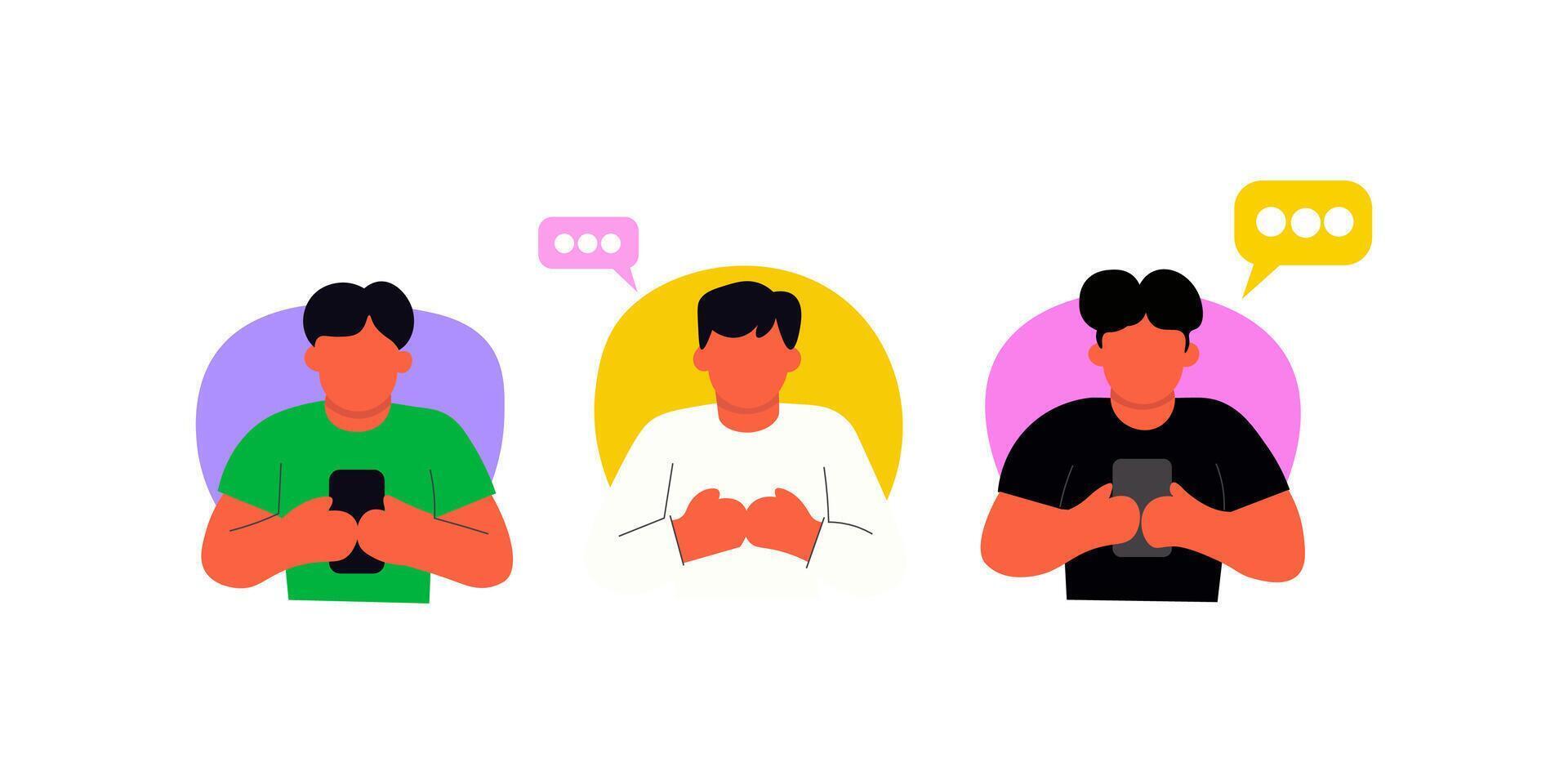 Three people engrossed in mobile communication, conveying a social media or online interaction theme. vector