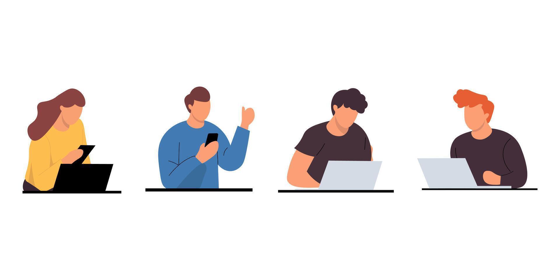 Diverse group of people working on laptops and smartphones. vector