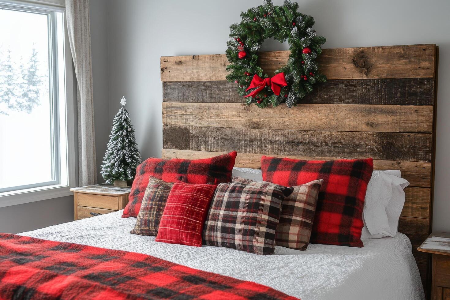 A bed with red and black plaid pillows and a wreath on the headboard photo