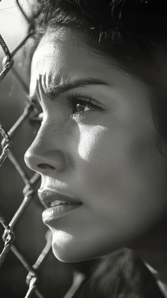 A woman is looking through a chain link fence photo