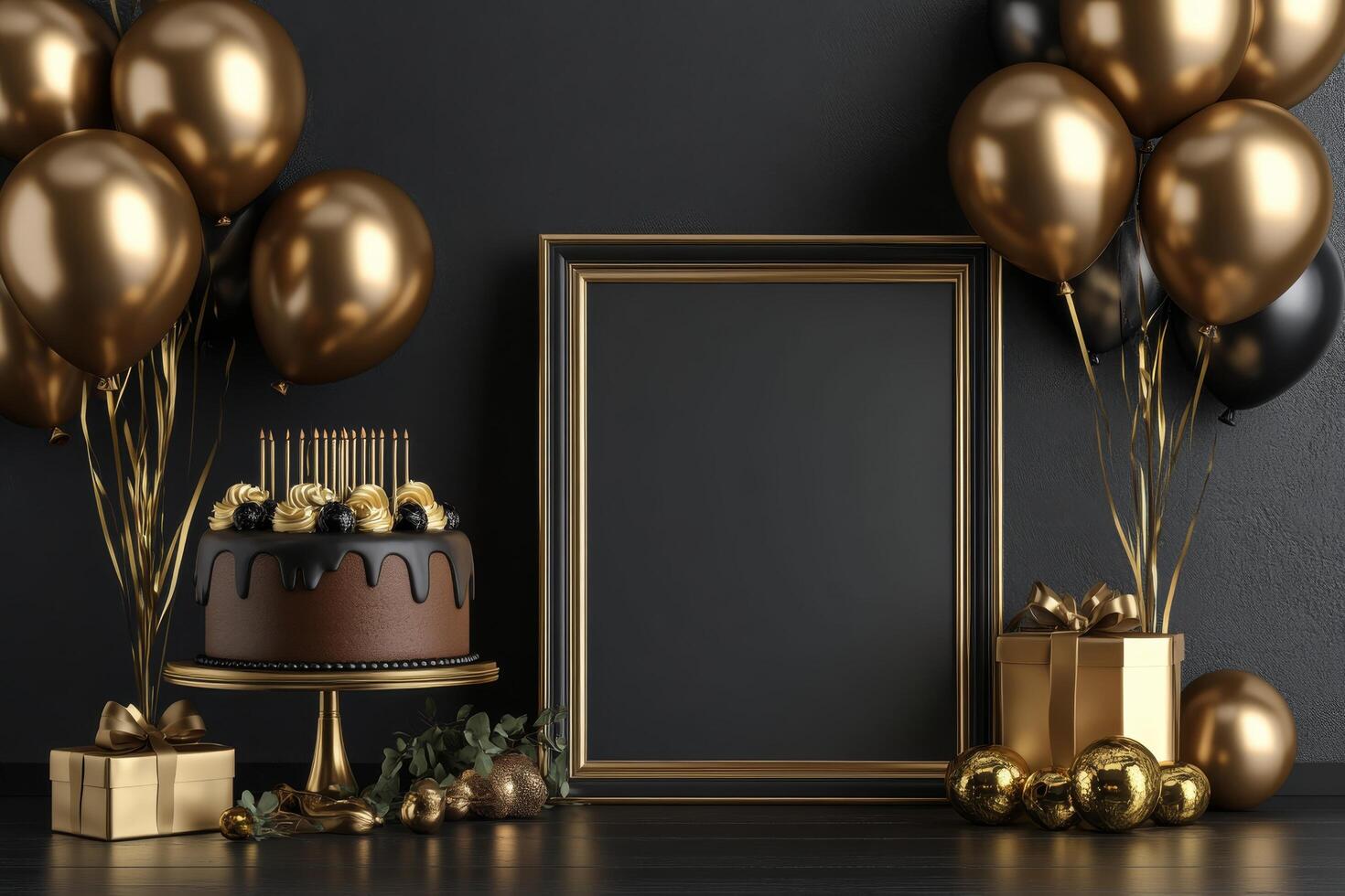 Golden birthday cake with gold balloons and frame on black background 3d rendering photo