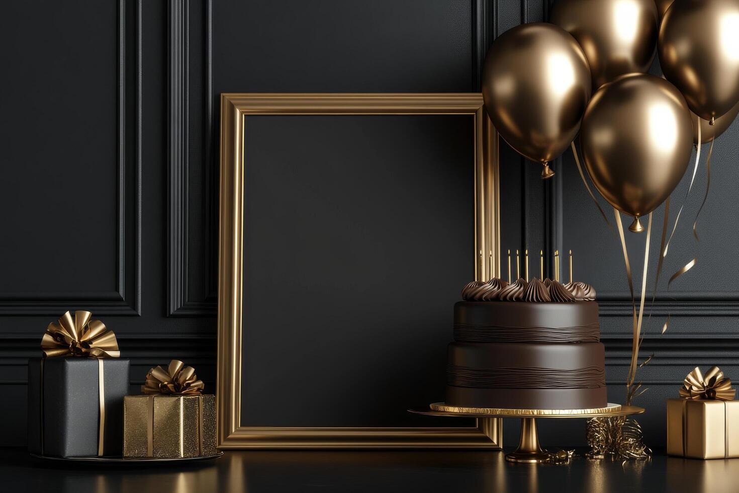 Golden birthday cake with balloons and gift boxes on a black background photo