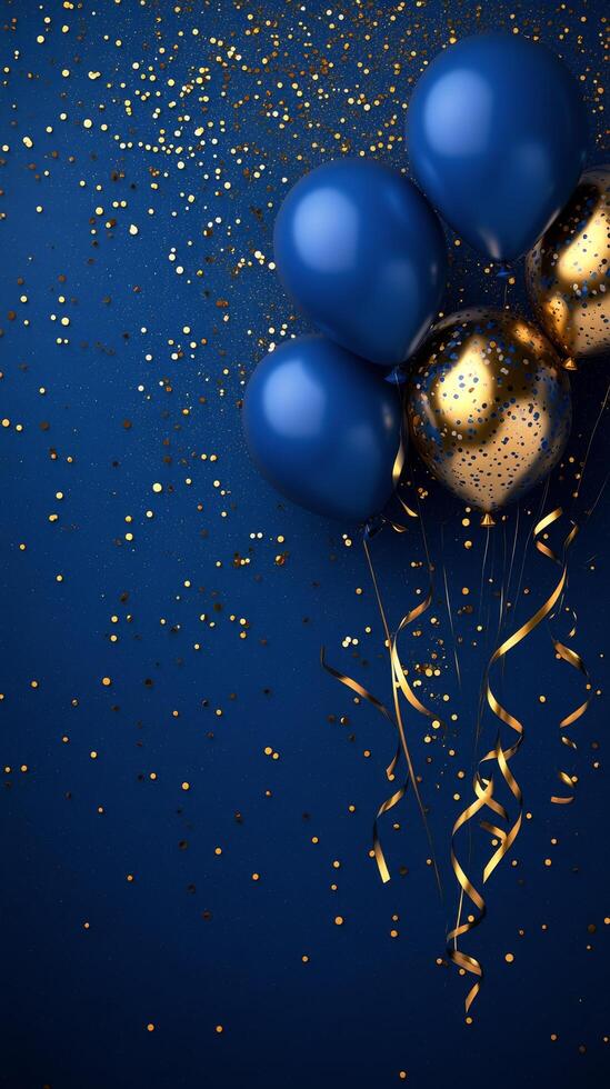 Blue and gold balloons on a blue background with confetti photo