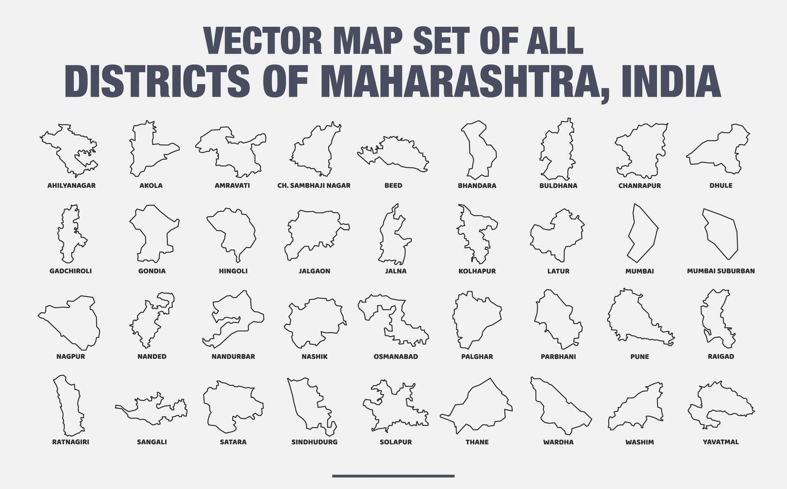 Map Set of All Districts of Maharashtra, India Clean Line Art Illustration vector