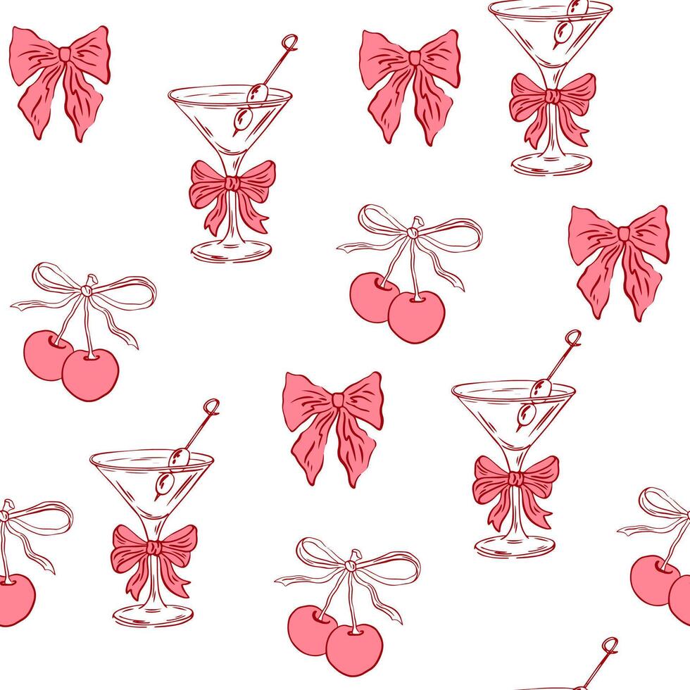 Coquette cocktails with cherry seamless pattern. Hand drawn martini glass with bow and cherry. background for invitations, menus and parties. La dolce vita italian style. Minimalist line art vector