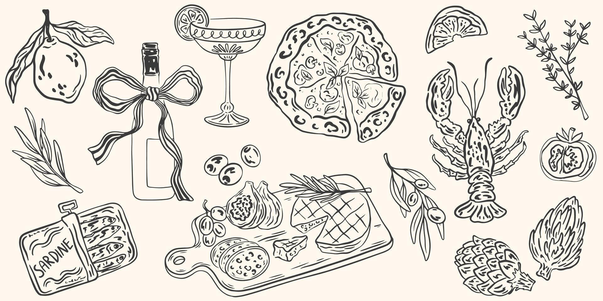 Hand drawn chalk food illustrations set. Drawings of wine, lobster, charcuterie, pizza, cheese, for wedding invitations, cafe menus and parties. La dolce vita italian sketch style. ink drawing vector