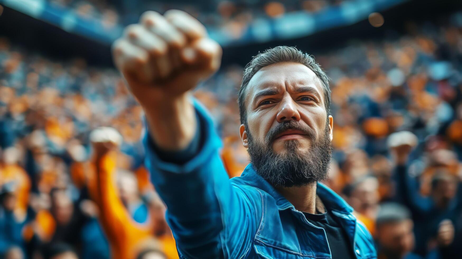 Man with beard and blue jacket in front of crowd photo