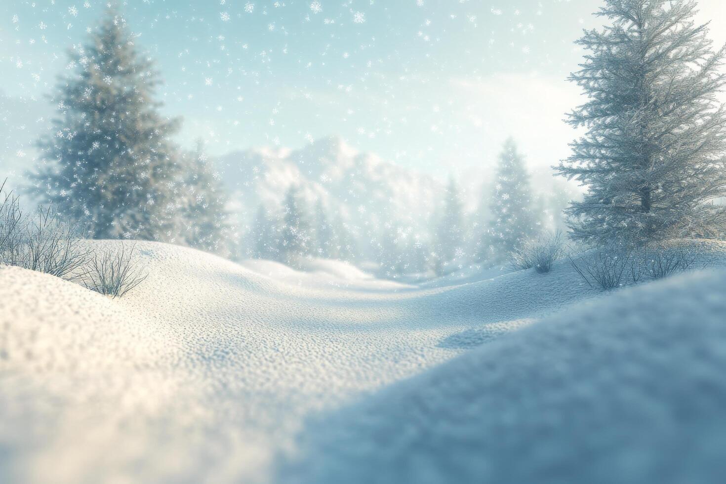 Winter landscape with snow falling on trees and forest photo