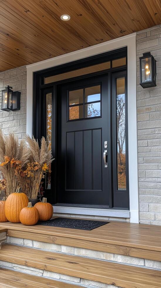 A front door with pumpkins and a black door photo