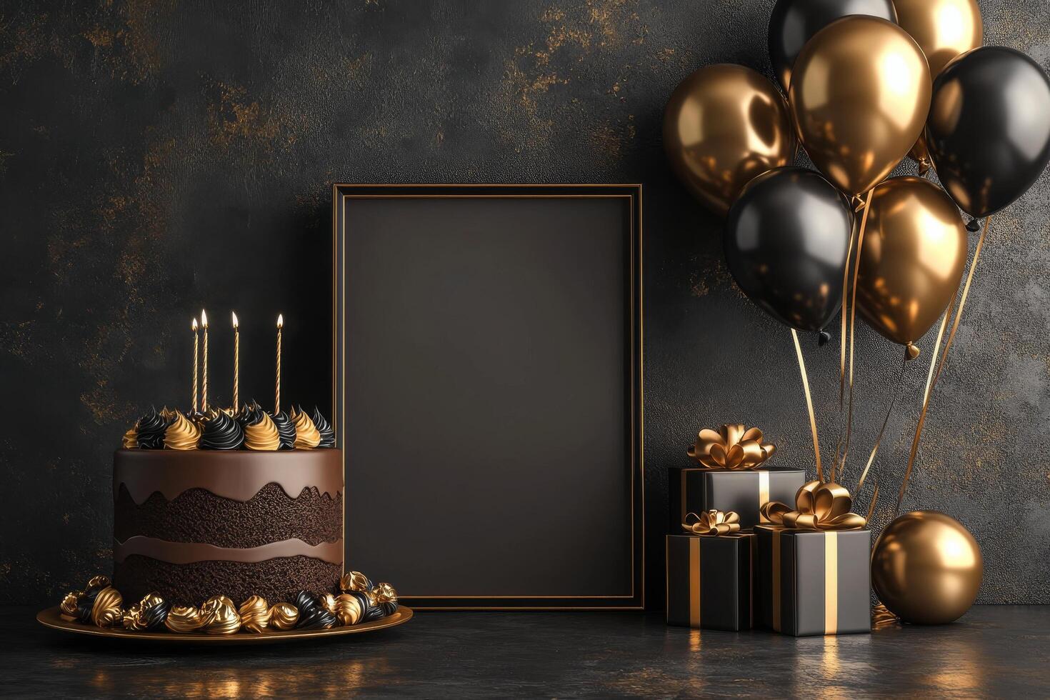 A black and gold cake with candles and balloons on a dark background photo