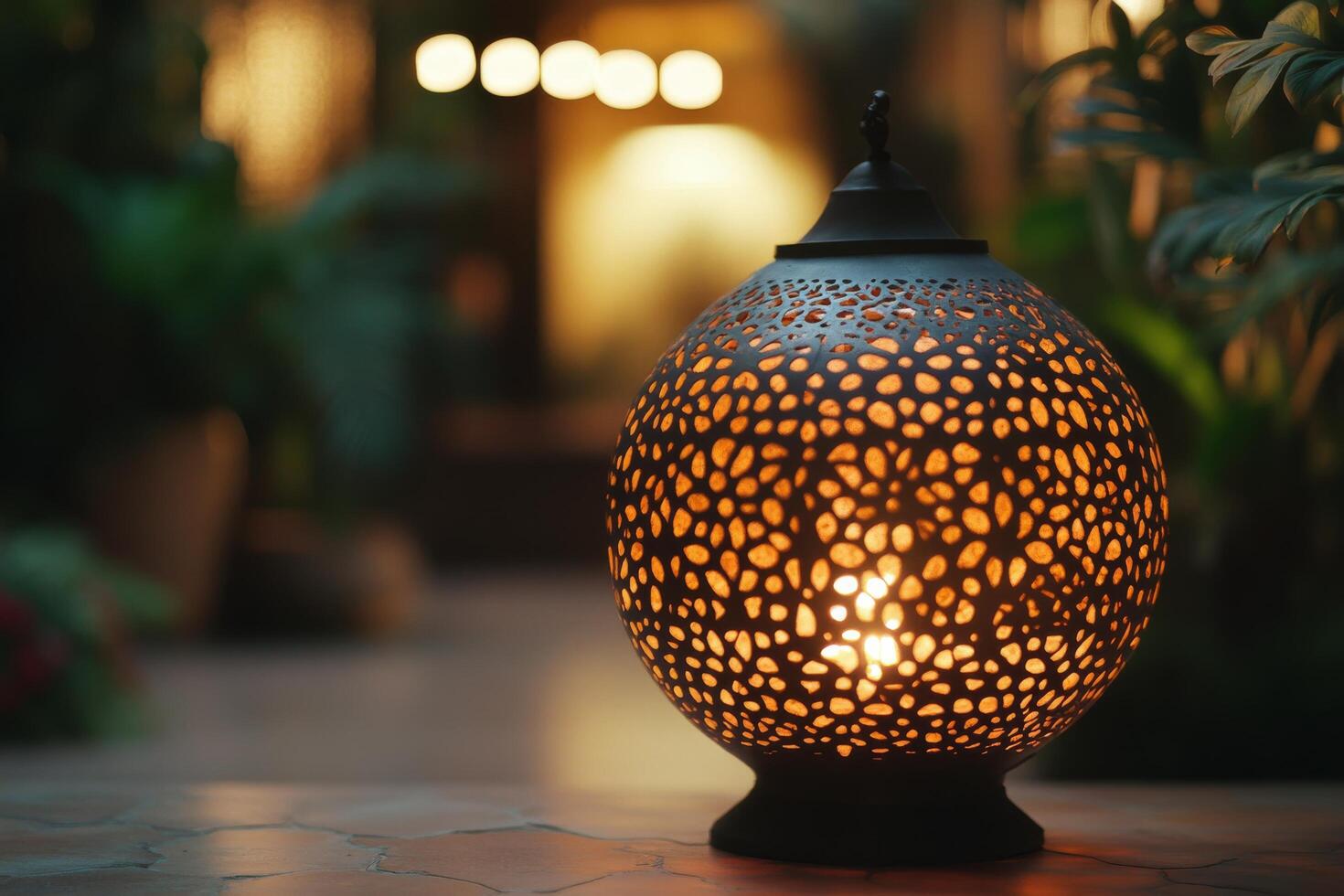 A close up of a lantern on a table photo