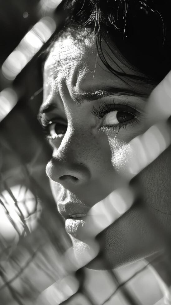 A woman is looking through a fence photo