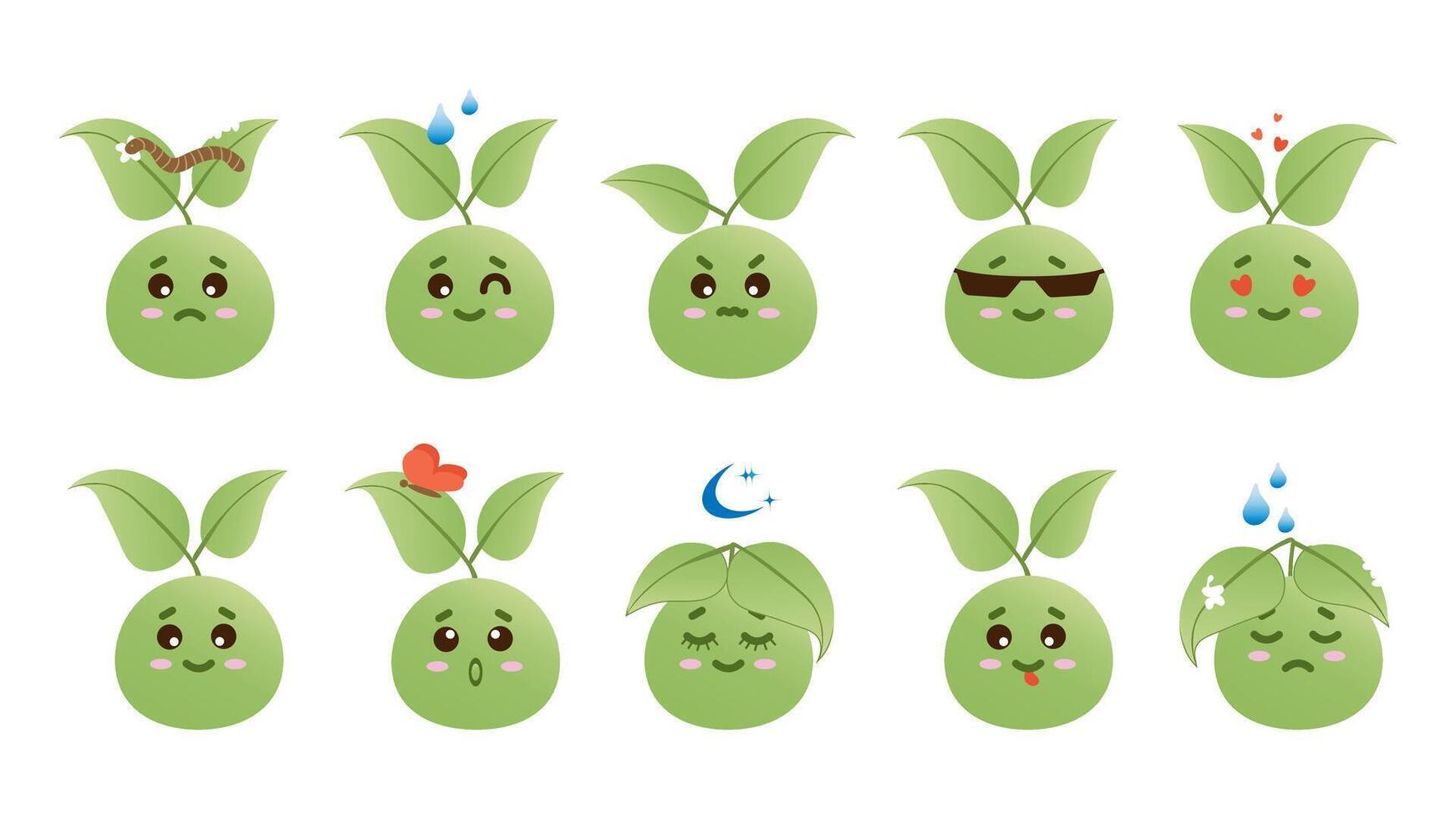 Set of funny green sprouts faces with different emotions. vector
