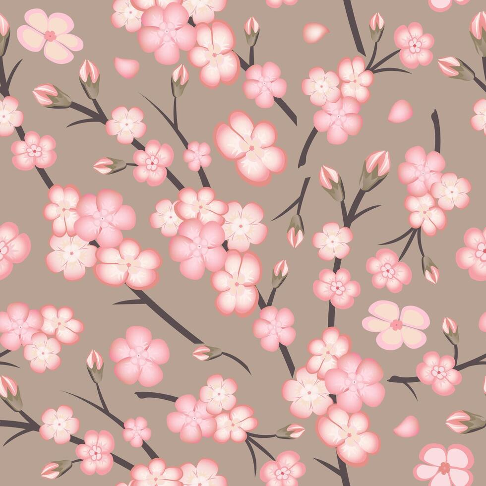 Spring seamless pattern with sakura branch flowers on beige background. Pink flowers of Japanese cherry, or apple flowers. vector