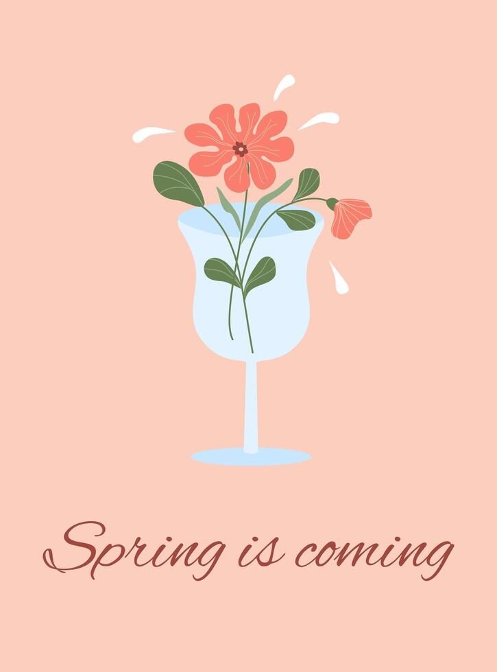 Abstract spring flowers in wine drinking glass. Spring flower drink. Element for you design of poster, social media, banners, invitation. Trendy spring card template. vector