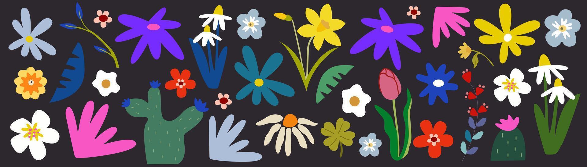 Botanical set of abstract colorful spring flowers and plants. Trendy hippie funky shapes in cartoon retro style vector