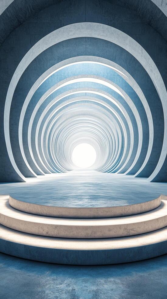 A large empty room with a circular staircase photo