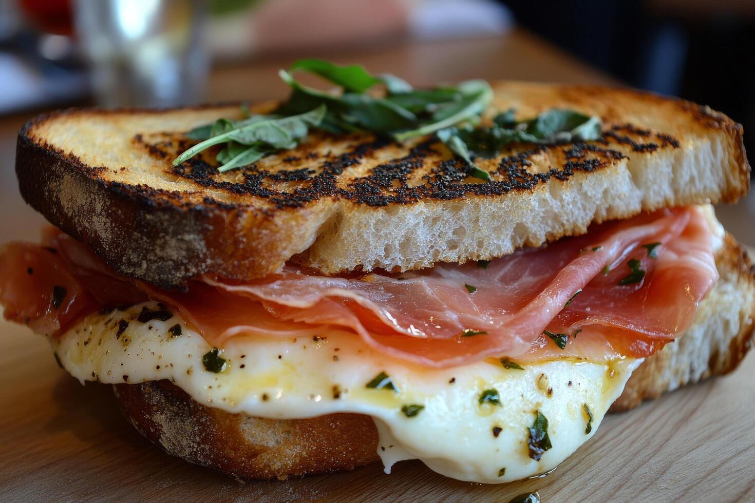 A sandwich with meat and cheese on a wooden table photo