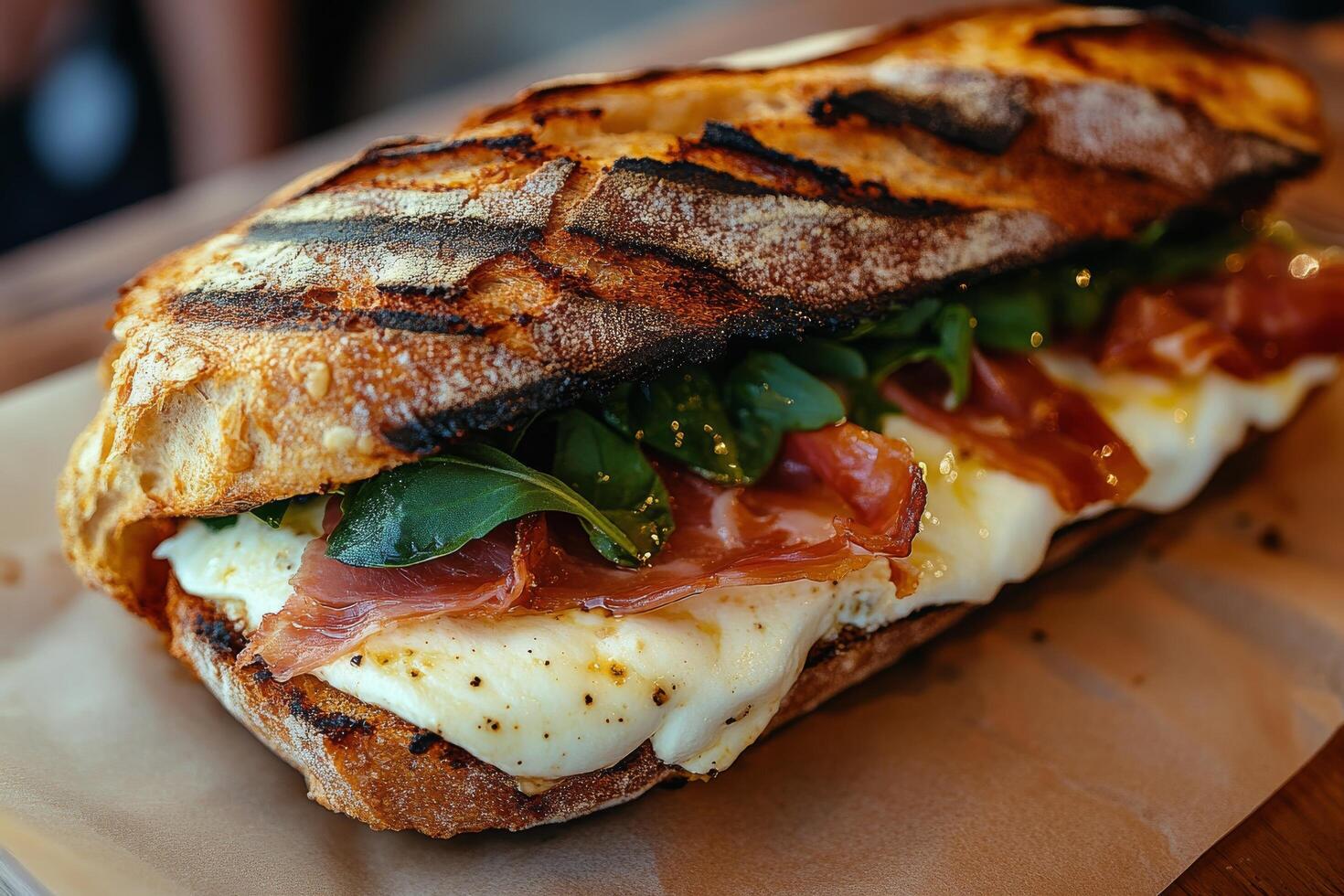 A sandwich with meat and greens on a paper photo