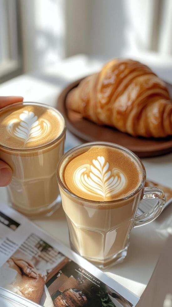 Two cups of coffee with latte art on top of a table photo