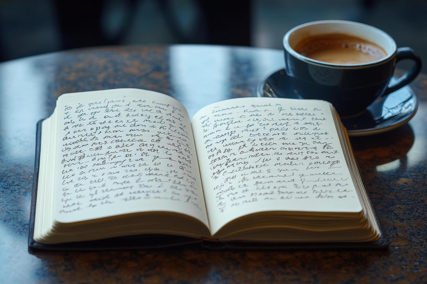 A coffee cup and a book on a table photo