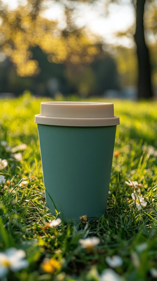 A green cup sitting on the grass with flowers photo