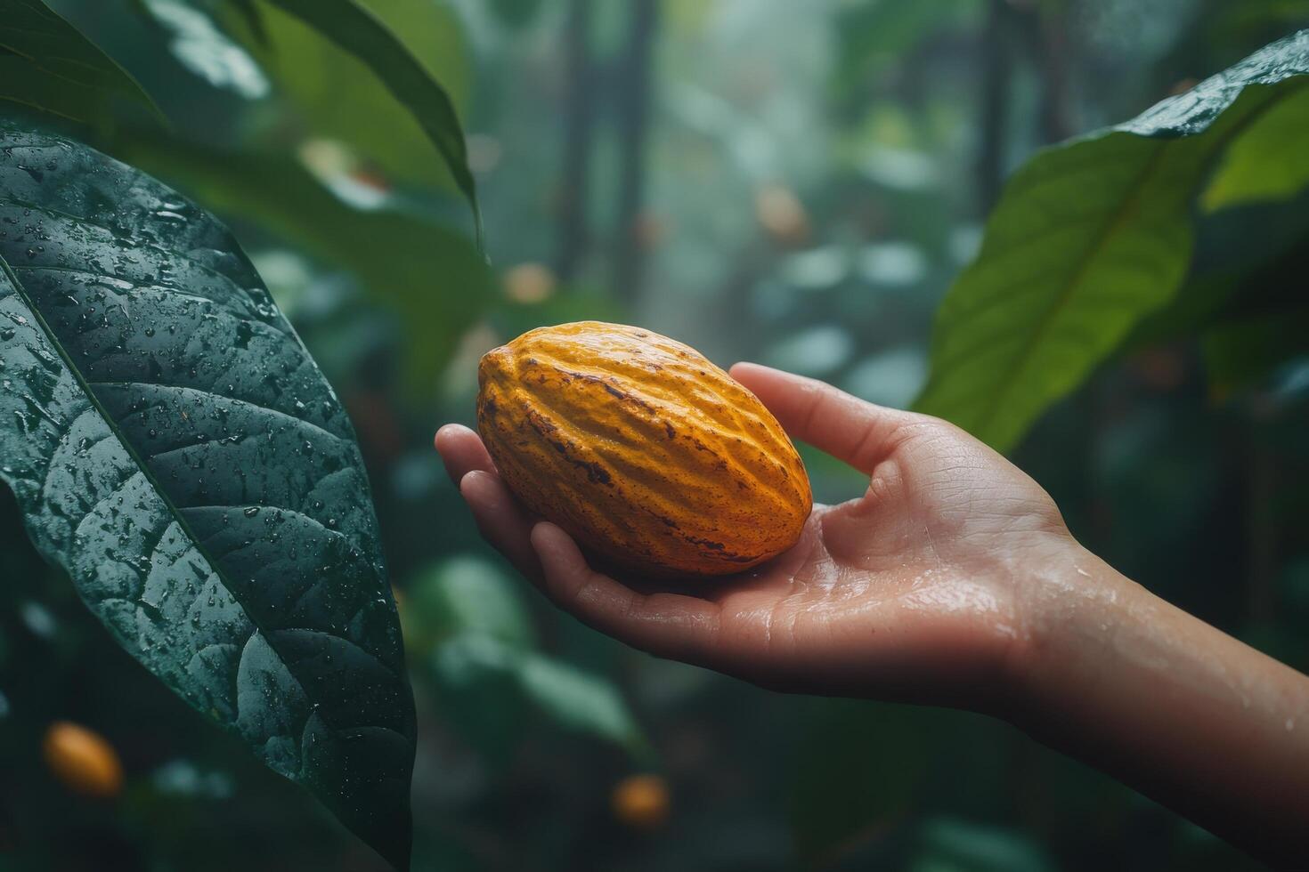 A person holding a cocoa bean in front of green leaves photo