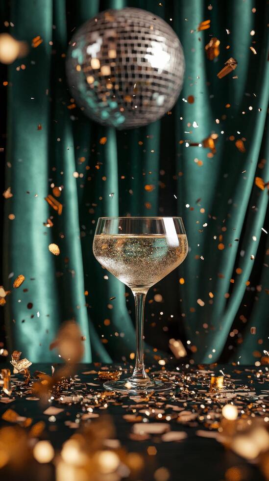 A glass of champagne with confetti falling from the ceiling photo