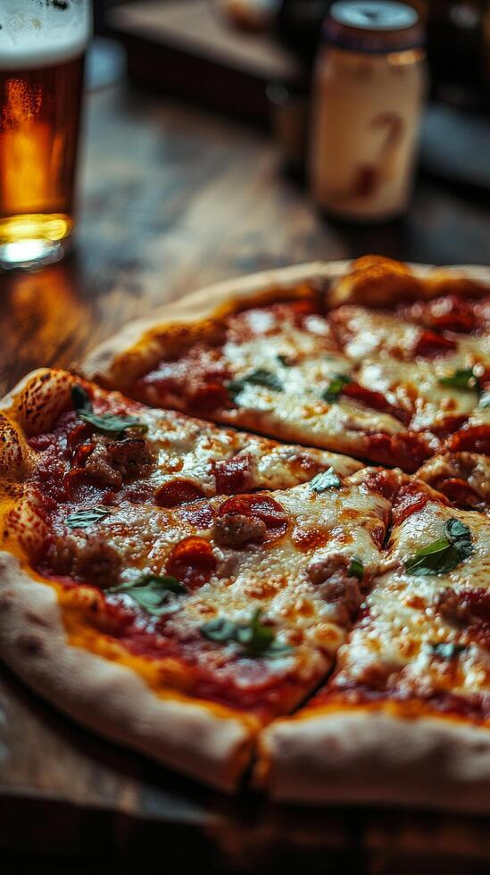 A pizza on a wooden table with a beer photo