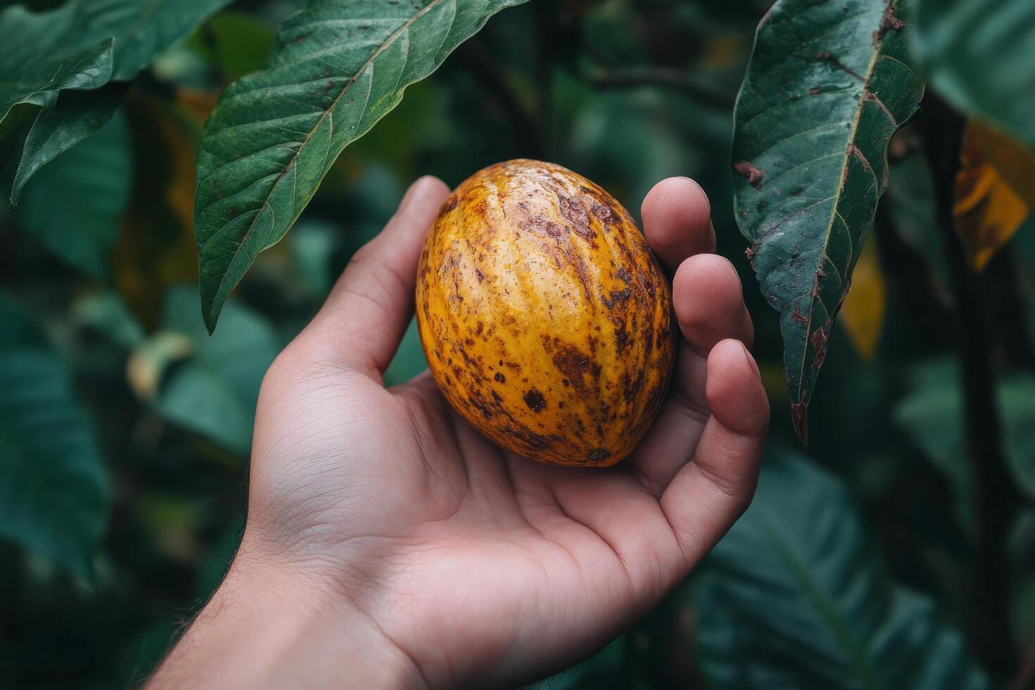 A person holding a cocoa fruit in front of leaves photo