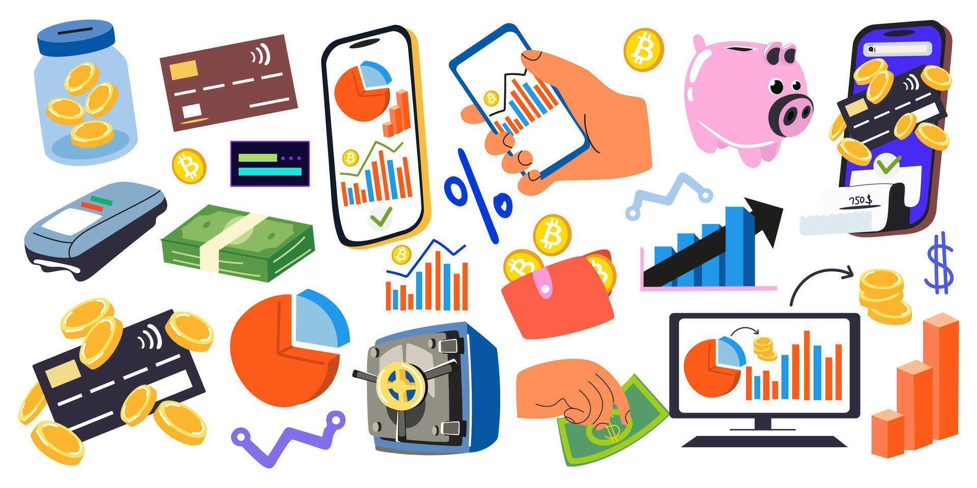 Stock trading, investment, analysis. Retro shapes of money, piggy bank, credit cards, business analytics, coins, bills, income chart. Cartoon stickers of business, finance and bitcoin vector