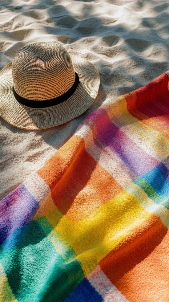 A hat and a colorful towel on the beach photo