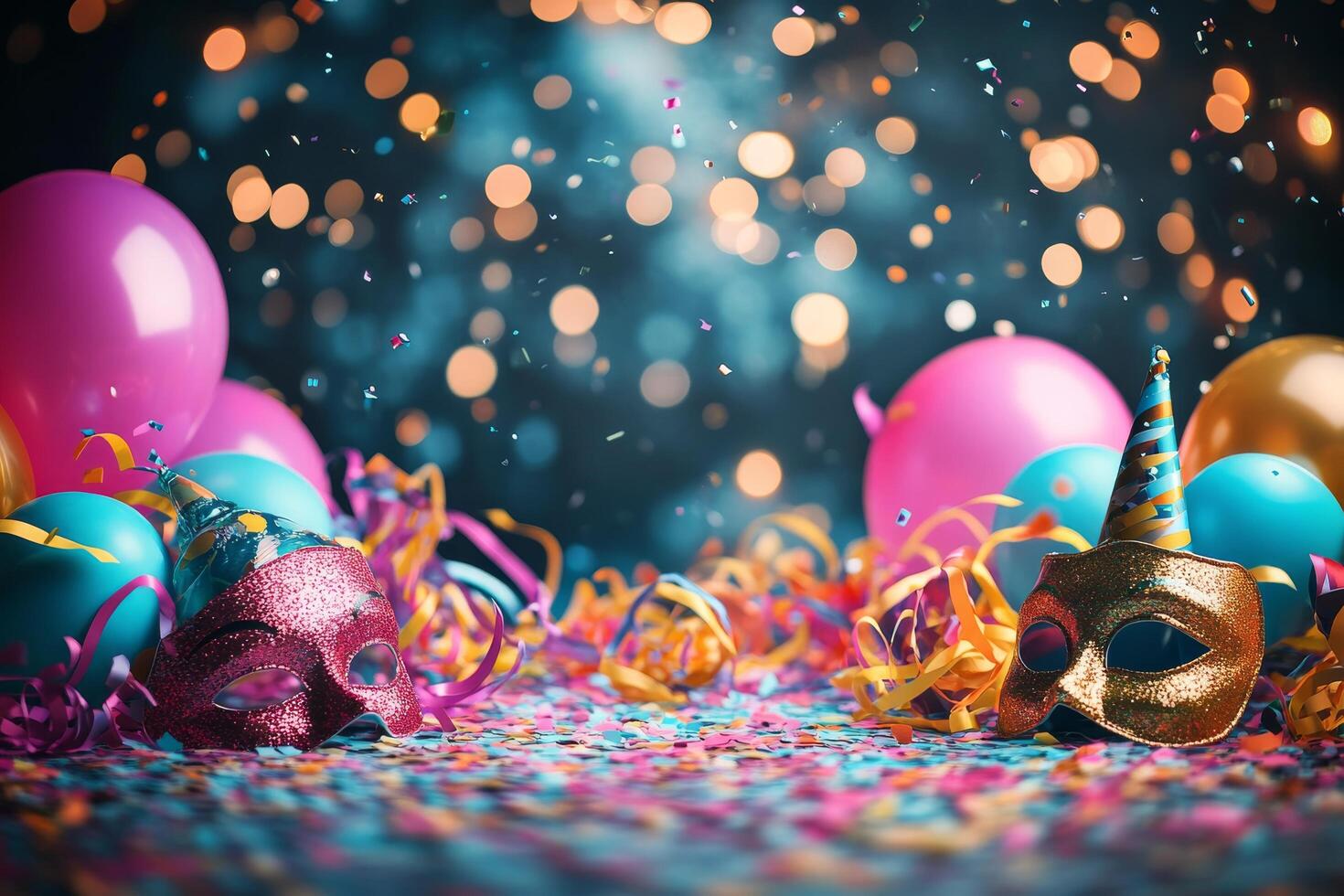 Colorful party decorations with balloons and confetti photo