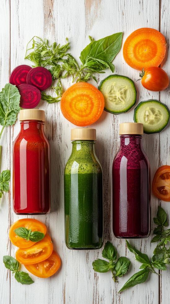 Various juices and vegetables in jars on a wooden table photo