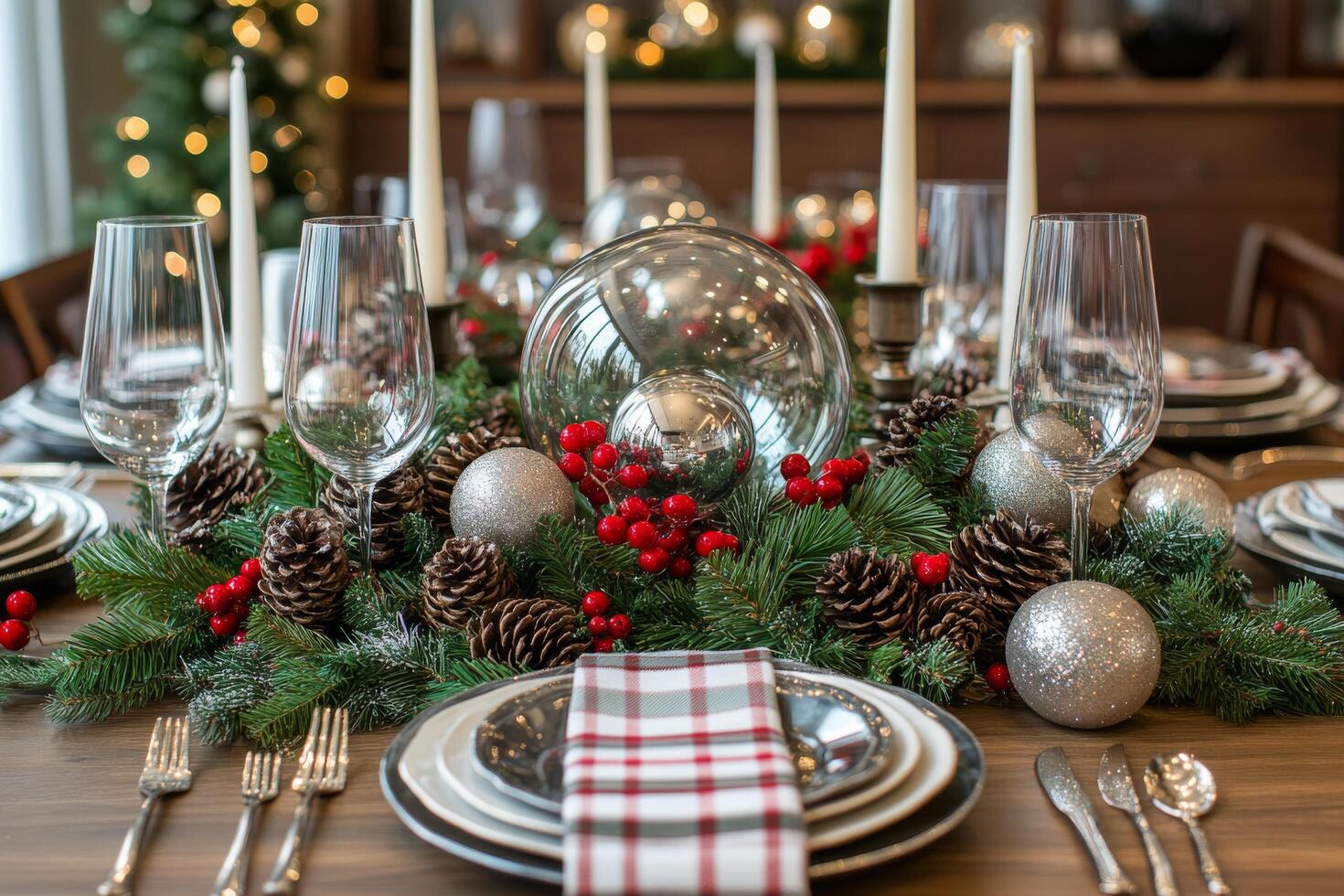 A table setting with christmas decorations and silverware photo