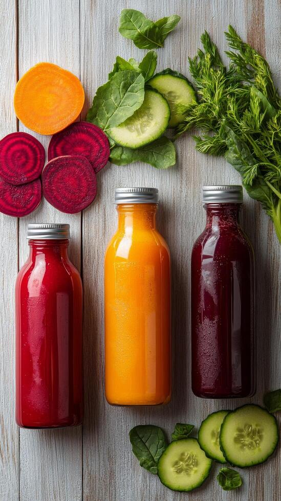 Three bottles of juice with vegetables and herbs photo